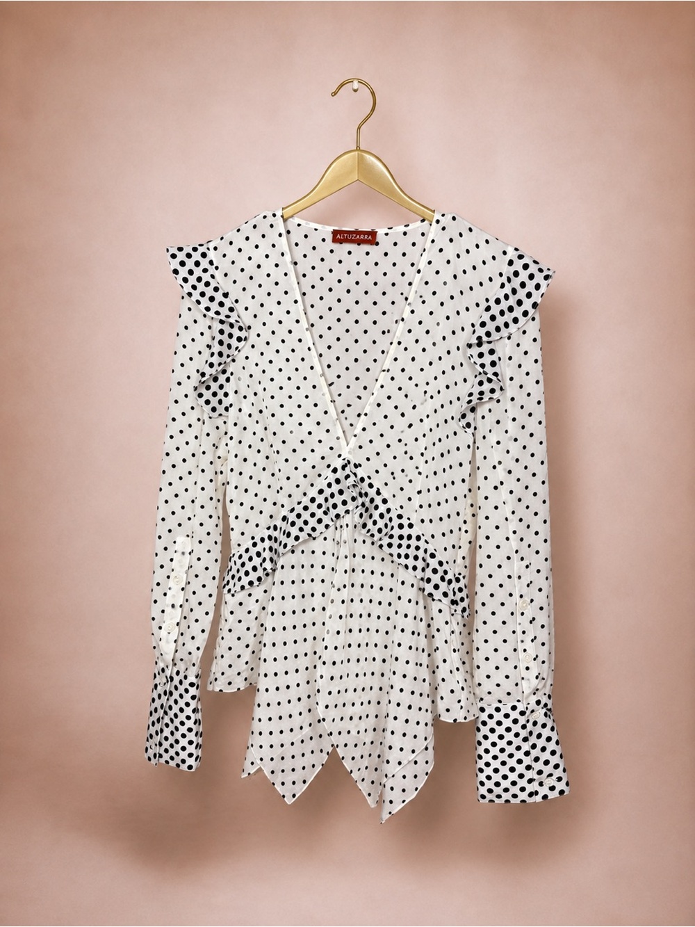 Altuzarra White and Black Polka Dot Ruffle V-Neck Blouse